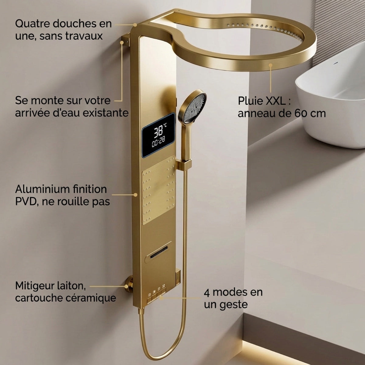 Vue d'ensemble annotée : quatre sorties d'eau, pose sans travaux