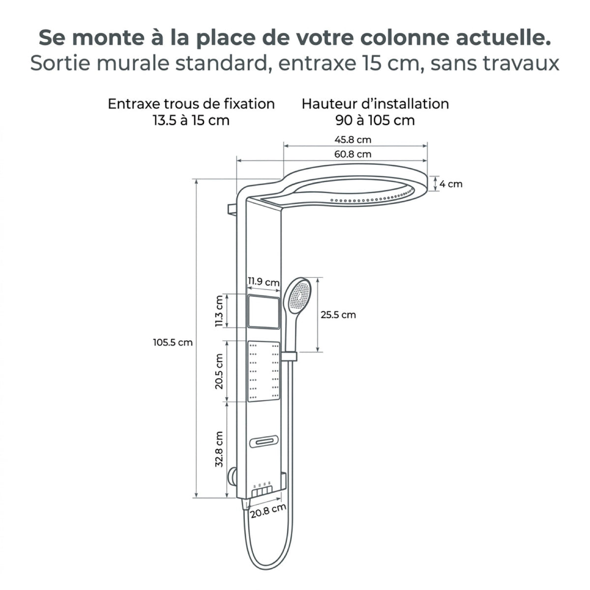 Schéma coté : entraxe 13,5 à 15 cm, hauteur de pose 90 à 105 cm