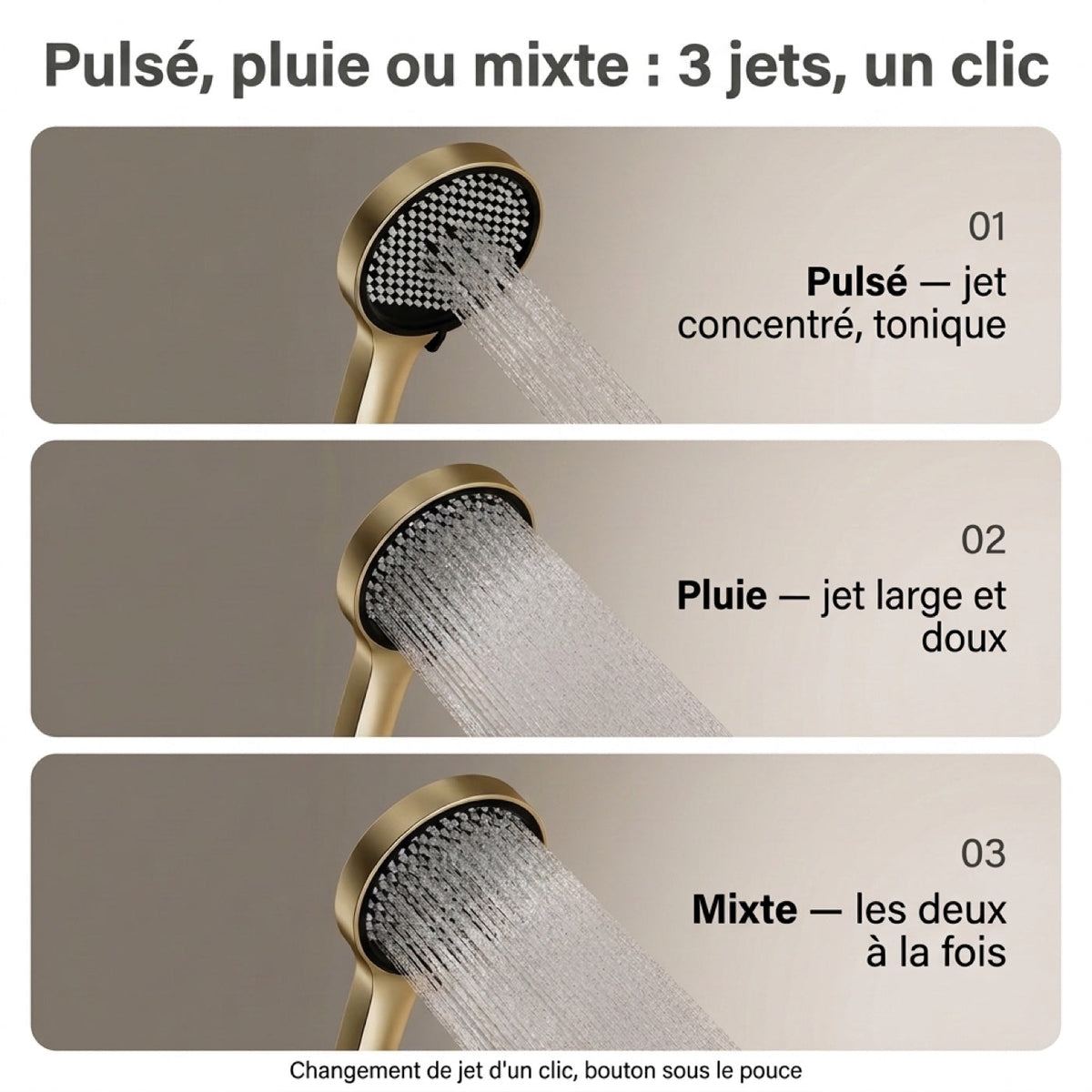 Les trois jets de la douchette : pulsé, pluie et mixte