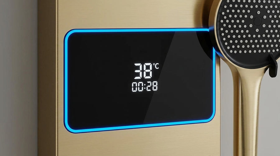 L'écran affiche 38 °C et la durée de la douche