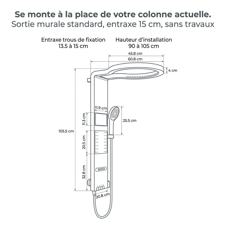 Schéma coté : entraxe de 13,5 à 15 cm, hauteur de pose de 90 à 105 cm